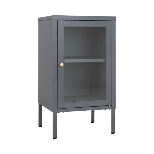 Liten 1-dörrars skänk 38x35x70 cm i glas och grå metall mörkgrå