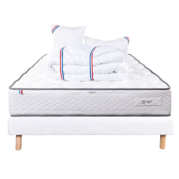 Madrassset 140x200 cm, Iris, 20 cm, memory foam, fast, sommar/vintersida + vit bas 13cm tjock + 2 kuddar + täcke Vit
