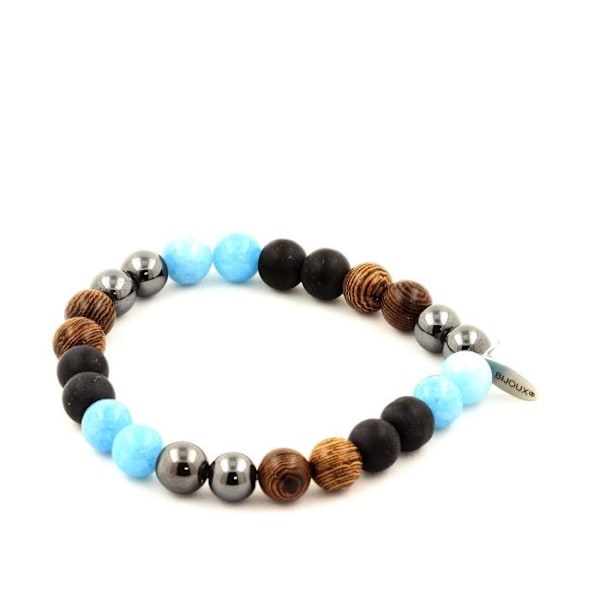 Stenar och mineraler. Armband hematitpärlor + blå kalcedon + matt svart onyx + trä 8 Tillverkad i Frankrike. Mörkblå
