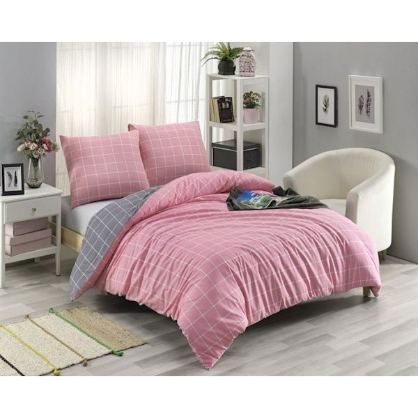 Vuodevaatesetti - TRENDY - Vaaleanpunainen - 140x200cm - 80% Puuvillaa - 20% Polyesteriä Rosa