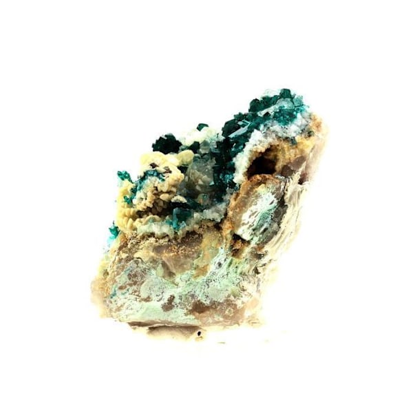 Kivet ja mineraalit. Dioptaasi + kalsiitti. 1398,5 senttiä. Kaokoveldin tasango, Namibia. Turkos