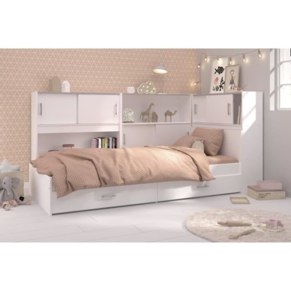 PARISOT SCOOP Børneseng L90x L200 cm med 3 opbevaringsenheder - Moderne - Hvid indretning