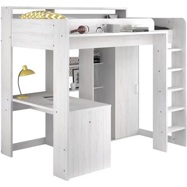 PARISOT Lena kombinerad entresolsäng för barn - Petterson furu - Fjäder medföljer - 90 x 200 cm Pine Petterson