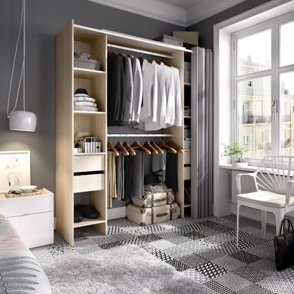 Laajennettava pukuhuonesarja verholla ja 4 laatikolla - Luonnontammeinen sisustus - P 180-113 x S 50 x K 205 cm - PUKU