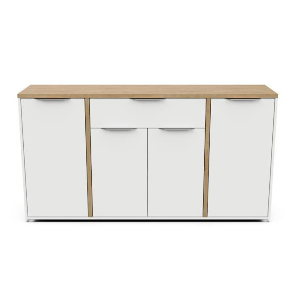 ADGANG skænk - 4 låger + 1 skuffe - Hamilton eg og hvid indretning - L 160,7 x D 39,6 x H 85,6 cm - DEMEYERE Matt vit och ljust trä
