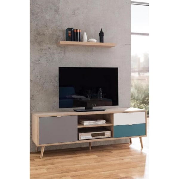Skandinaviskt TV-skåp CUBA - Ek, grå, vit och bensinblå dekor - 1 dörr - L 150 x D 40 x H 51 cm Brun