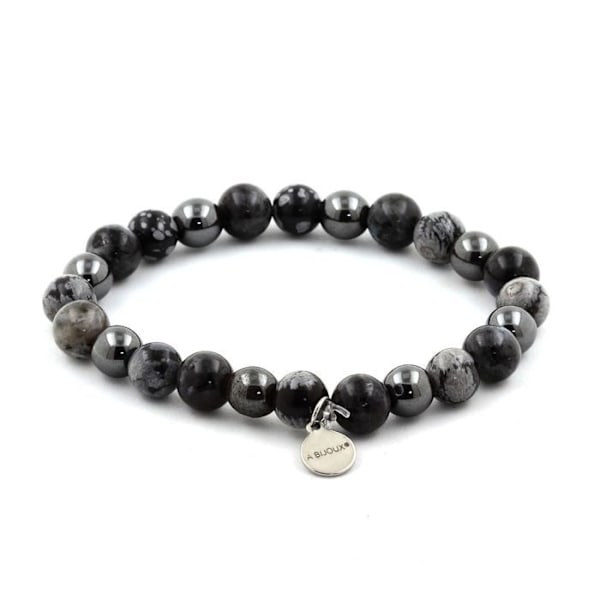 Sten og mineraler. Snowflake Obsidian + Hæmatit + Labradorite Beads Armbånd 8 Lavet i Frankrig. Svart grå