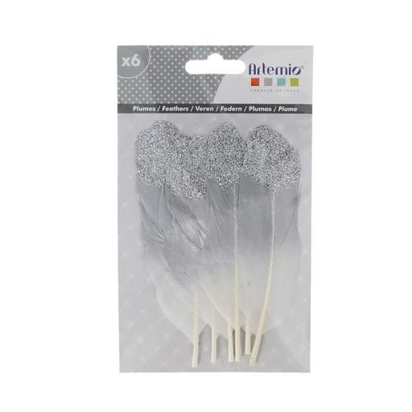 6 silver glitter feathers Silver