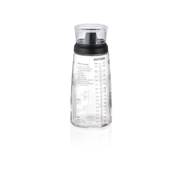 Shaker för vinägrett Leifheit 3195, graduerad vinägrettblandare på 300 ml med droppfri hällpip, 5 recept ingår klar och svart