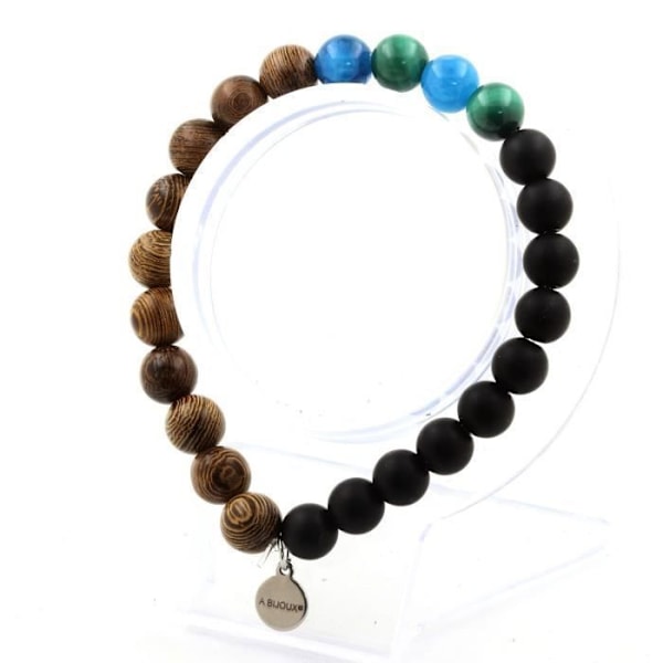 Sten og mineraler. Congo Malachite Beads Armbånd + Apatit + Mat Sort Onyx + Træ 8 Fremstillet i Frankrig.