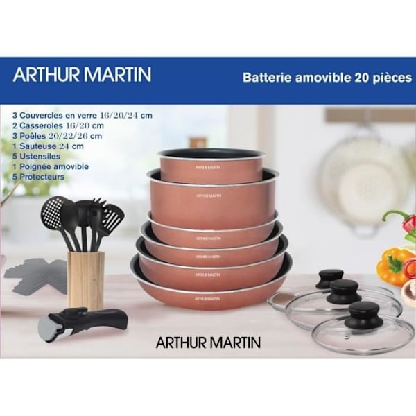 Arthur Martin 20-delt køkkengrej sæt - aluminium - aftageligt håndtag - alle varmekilder inklusive induktion Champagne