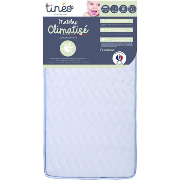 Klimatiserat Madrass TINEO 70x140x10cm - Klimatiserat - 1 Sommar Sidan - 1 Vinter Sidan - Utan Behandling - Tillverkad I Frankrike Vit