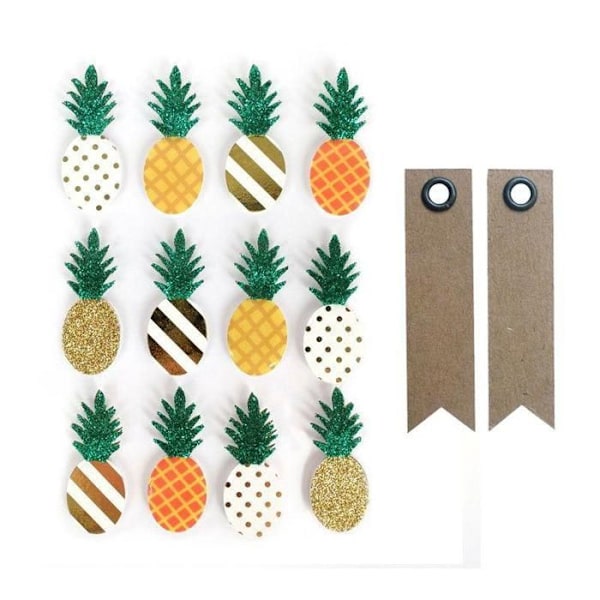 12 3D Ananas-klistermærker 4,5 cm + 20 kraftvimpeletiketter Guld, vit, gul, orange