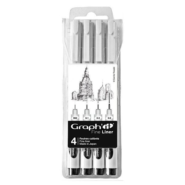 Stylus tuscher fine liners - Graph'It - Pakke med 6 - Sort - Varierede størrelser - Pigmenteret vandbaseret blæk Svart