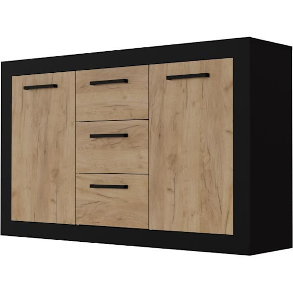 STONE INDUS skænk 2 låger + 3 skuffer - Rustik eg og sort melamin - Industriel stil - L147 x D37 x H89 cm Ek och svart