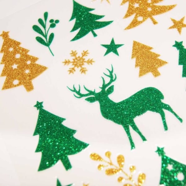 Julklistermärken - Glitter julgranar och renar - Sortiment av 18 gröna och guld klistermärken