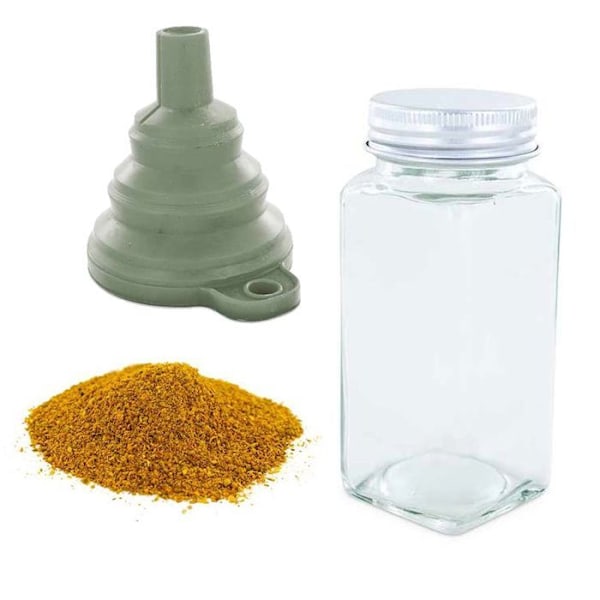 Pulverig kryddflaska + tratt + stark curry 50 g