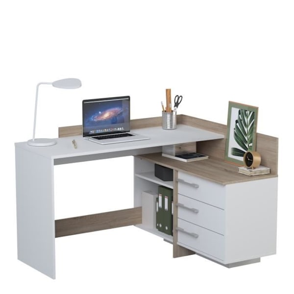 Kulmapöytä 3 laatikolla - Tammi ja valkoinen sisustus - P 128,5 x S 105,7 x K 83,2 cm - THALES vit te ek