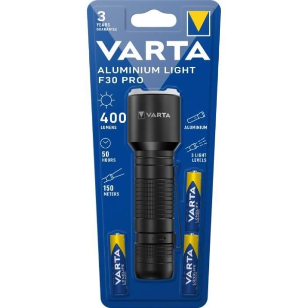 Ficklampa-VARTA-Aluminium Light F30 Pro-400lm-Högpresterande LED-3 ljuslägen-ficklamme-3 AAA-batterier ingår
