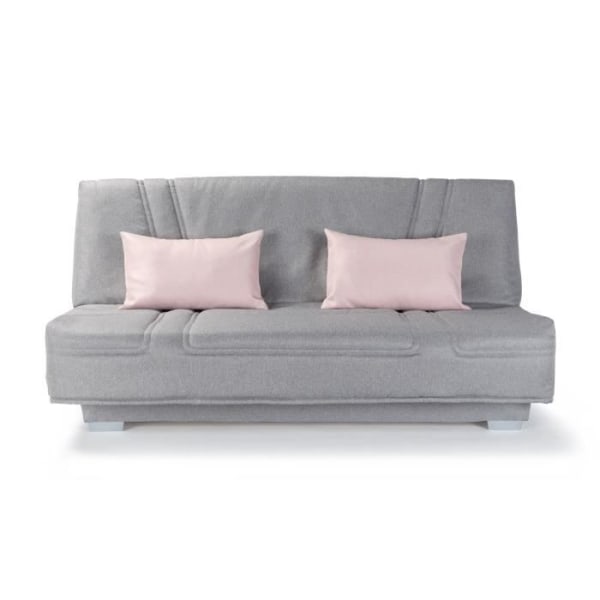 COMFORT BULTEX Click clac bänk - Grått tyg + Rosa dekorativa kuddar - L193 x D9 Ljusgrå + Rosa kuddar