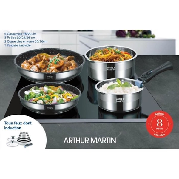 Arthur Martin AM2493 8-delt køkkengrej sæt - Rustfrit stål - Aftageligt håndtag - Alle varmekilder inklusive induktion