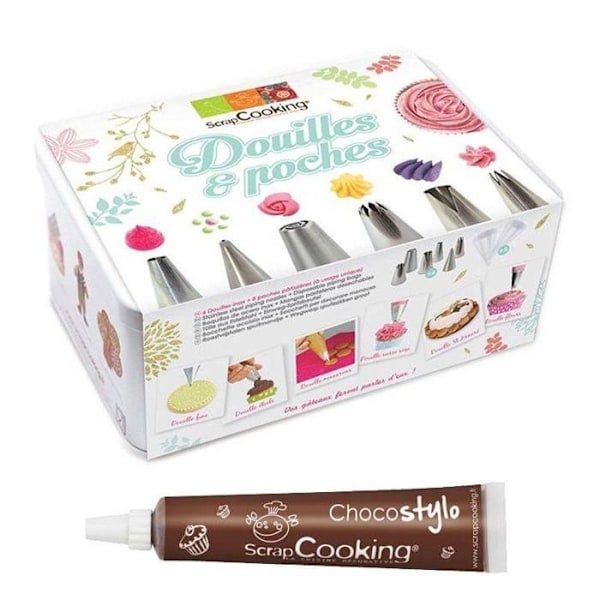 Kageæske med 6 rustfrie dyser og engangsposer + 1 chokoladepen