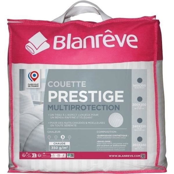 Lämmin peitto 220x240 cm BLANREVE PRESTIGE Multiprotection - 100% polyesteri - 2 henkilöä - Raidallinen satiini Vit