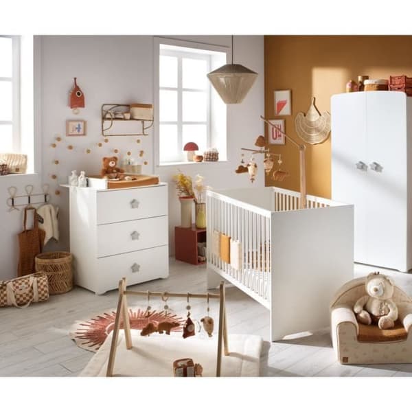 Skötbyrå - Babyprice - Basic - 3 lådor - Vit - Grå stjärnknappar