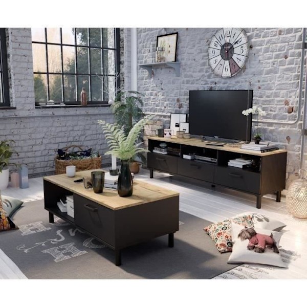 TV-kaappi + OXFORD sohvapöytäsetti - Teollinen tyyli - Musta tammimelamiini - Sohvapöytä: L110 cm ja TV-kaappi 159 cm Black-Oak