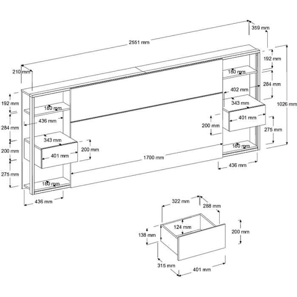 PARISOT Sänggavel med hyllor + integrerade sängbord - Ek och svart dekor - L 255 x D 36 x H 103 cm - VIT