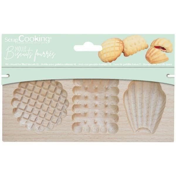 Moule bois biscuits fourrés - SCRAPCOOKING - Petits Biscuits - 3 empreintes - 20x10x2cm Beige