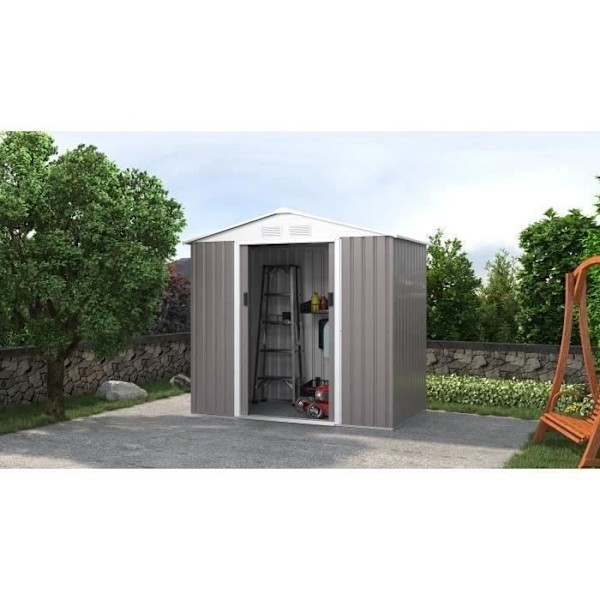 Metal havekøb 2,71 m² - 213 x 127 x 195 cm - PLUTON - Inkluderet fundamentkit, 2 skydedøre - Taupe Mol