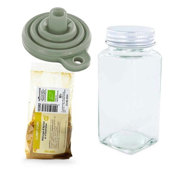Pulverig kryddflaska + tratt + stark curry 50 g