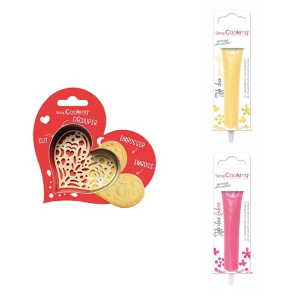 Hjertepræget kiksesæt + 2 pastelgule og fuchsia chokoladepenne Grå