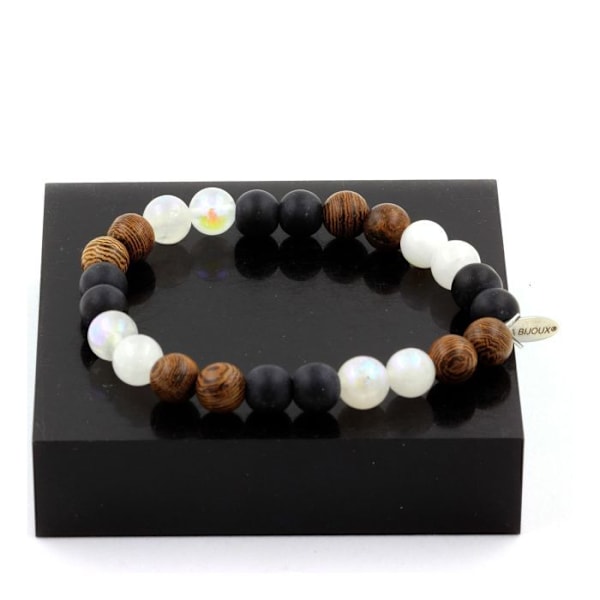 Stenar och mineraler. Armband Månstenspärlor + Mattsvart Onyx + Trä 8 mm. Tillverkad i Frankrike. Månsten, Matt svart onyx, trä
