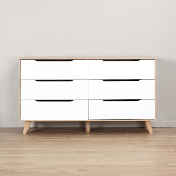 6-skuffers kommode - I spånplade - Eg og hvid indretning - Moderne - L 154 x D 42 x H 86 cm Matt vit / Naturlig ek