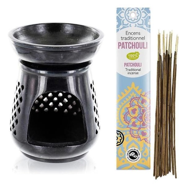 Diffuser porte-eller i Moucharabieh i sort sten + Indisk Patchouli røgelse Svart