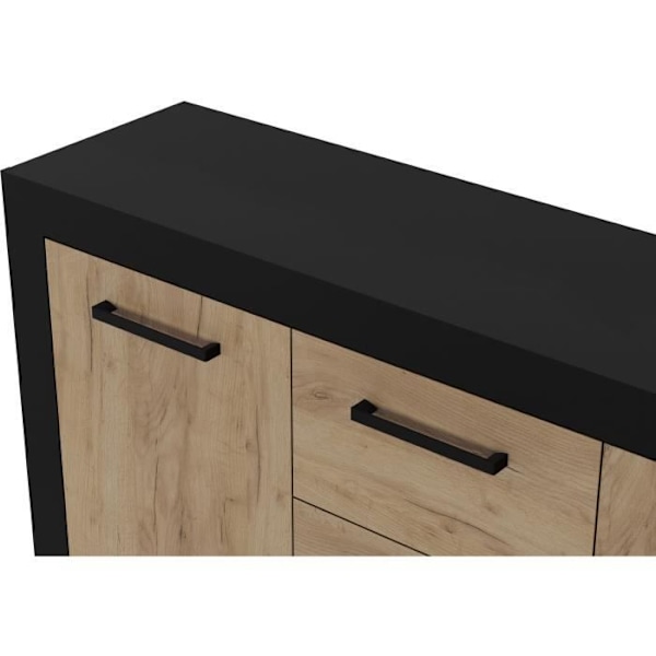 STONE INDUS skænk 2 låger + 3 skuffer - Rustik eg og sort melamin - Industriel stil - L147 x D37 x H89 cm Ek och svart