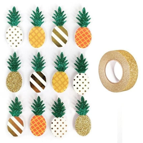 12 3D ananas-klistermærker 4,5 cm + guldglimmer malertape 5 m Guld, vit, gul, orange