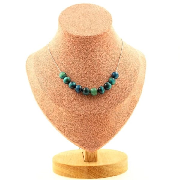 Collier - A Bijoux - Oeil de Tigre blå lys - 10 perler - Rustfrit stål - 45 cm Blå