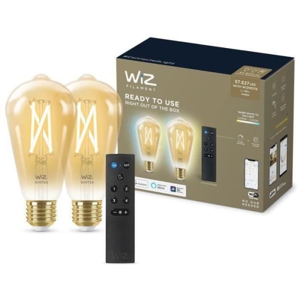 WiZ startsæt 2 tilsluttede Edison hvide variable pærer E27 50W + bærbar lysdæmper fjernbetjening