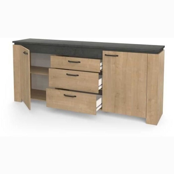 Stuesæt - AUSTIN - Spisebord 170x90 cm - Vitrine - 2-dørs skænk - Hamilton eg og grå Hamilton Ek/trottoar