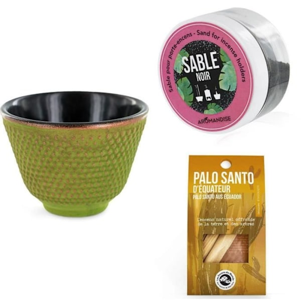 Røgelsesholder - AROMANDISE - Zen Skål - Mat Grøn - Guld - Sort Sand og Palo Santo Grön, guld