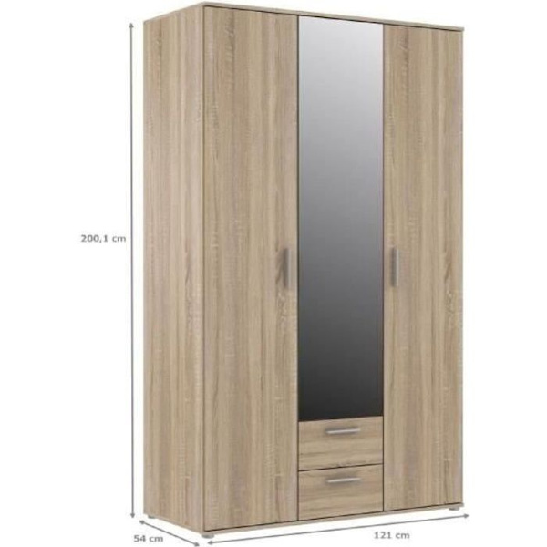 Vaatekaappi 3 saranoitua ovea 1 peili + 2 laatikkoa - Sonoma tammi sisustus - P 121 x S 54 x K 200,1 cm - SELKEÄ Sonoma ekdekor