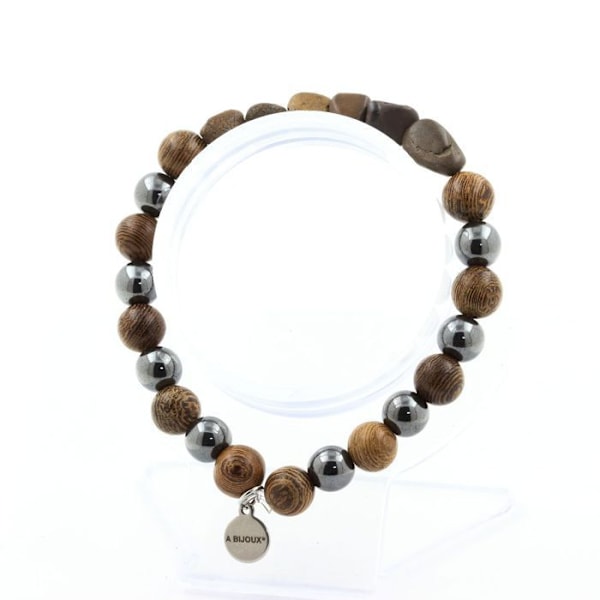Stenar och mineraler. Australian Boulder Opal Armband + Hematit Beads + 8 mm trä. Tillverkad i Frankrike. Opal Boulder från Australien, Hemat