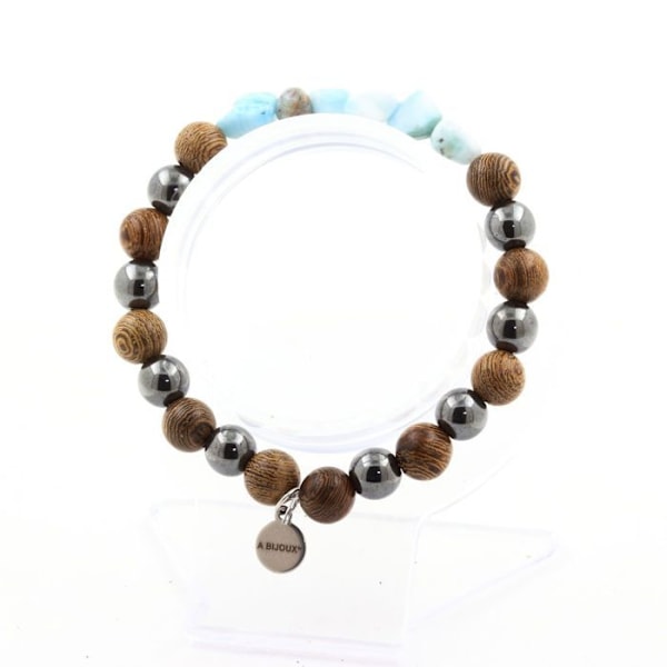 Stenar och mineraler. Larimar armband från Dominikanska republiken + Hematitpärlor + trä 8 Tillverkat i Frankrike. Blå, Silver, Brun