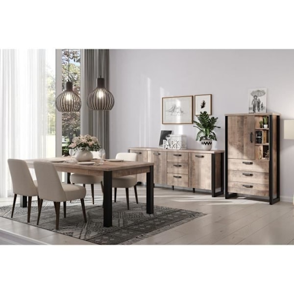 EMILE skänk - Tobaksbrun ek och mattsvart melamin - 3 luckor + 3 lådor - L214 x D45 x H86 cm - TRENDTEAM Tobaksbrun ek och mattsvart
