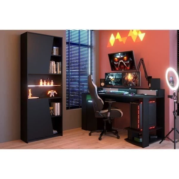 Lige LED gaming skrivebord - Sort - L 152 x D 61,5 x H 86,7 cm - Stort spilleområde - GAMING Svart