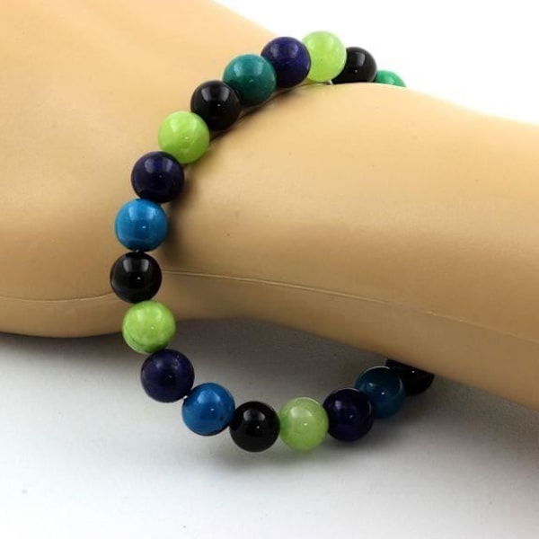 Sten og mineraler. Lapis Lazuli + Chrysocolla + Peridot + Black Agate Beads Armbånd 8 Lavet i Frankrig.