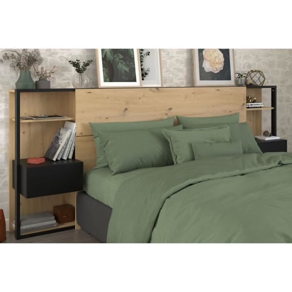 PARISOT Sengegavl med hylder + integrerede sengeborde - Eg og sort indretning - L 255 x D 36 x H 103 cm - HVID Ek och svart